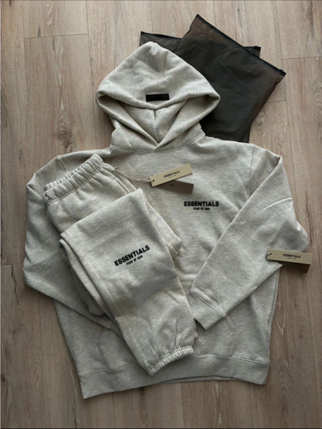 New Fear Of God Essentials Light Gray Hoodie & Sweatpants Set With Dust Bag